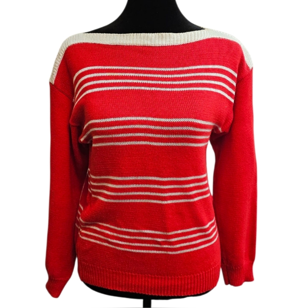 Vintage 70s 80s BOAT NECK Red and White Striped Sweater Knit 🍬